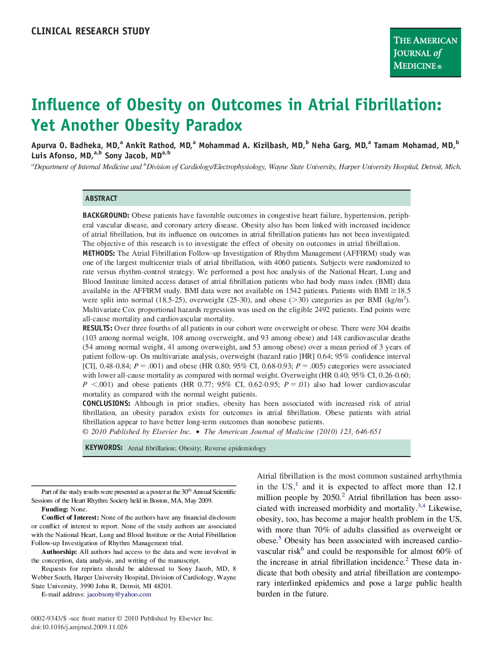 Influence of Obesity on Outcomes in Atrial Fibrillation: Yet Another Obesity Paradox 