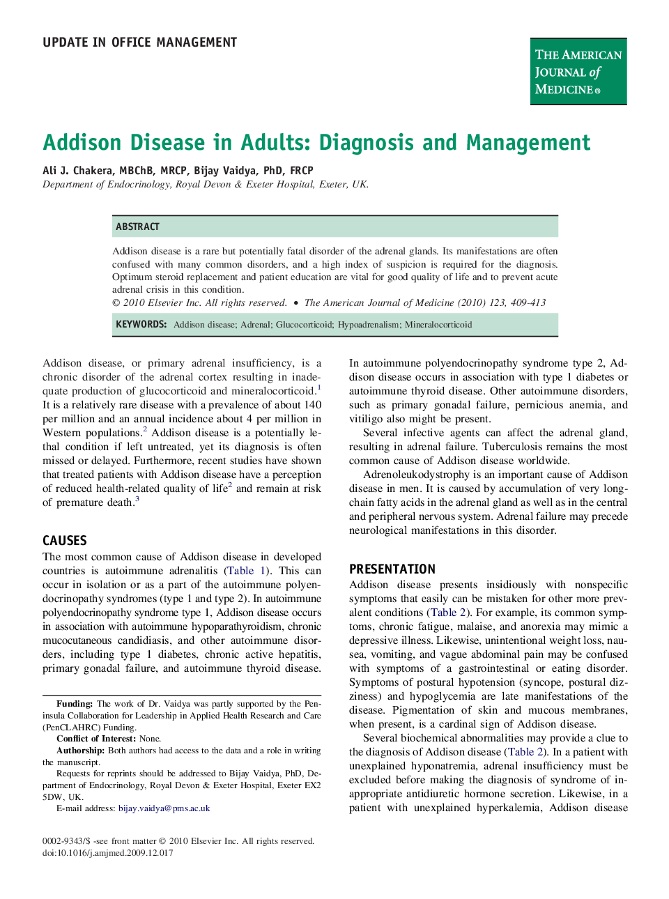 Addison Disease in Adults: Diagnosis and Management 