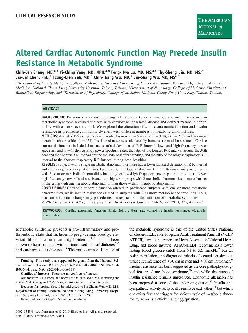 Altered Cardiac Autonomic Function May Precede Insulin Resistance in Metabolic Syndrome 