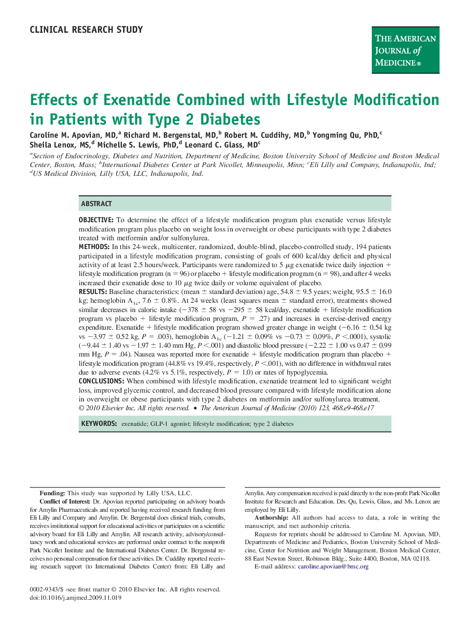 Effects of Exenatide Combined with Lifestyle Modification in Patients with Type 2 Diabetes