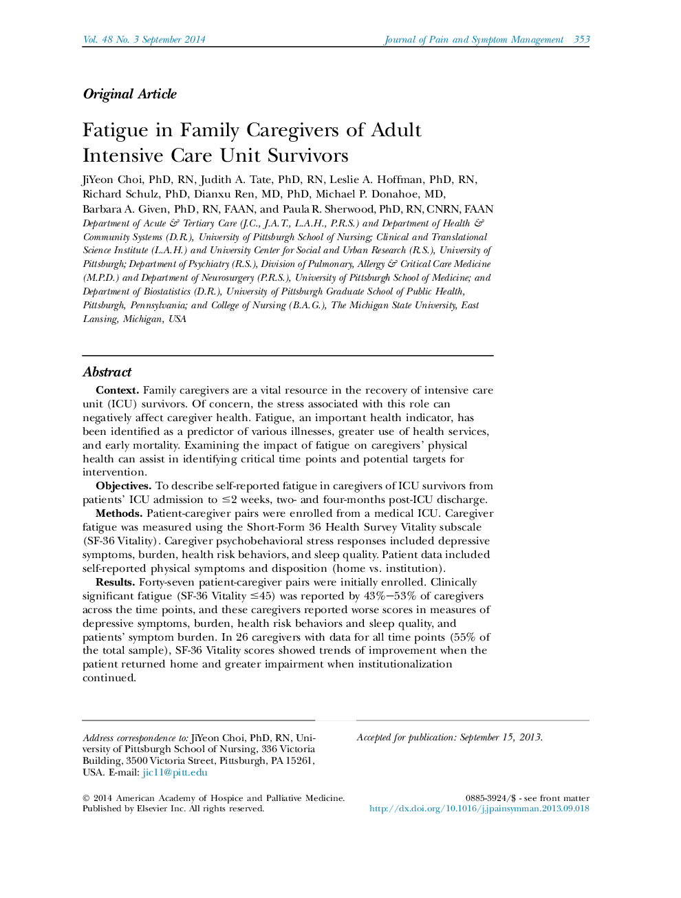 Fatigue in Family Caregivers of Adult Intensive Care Unit Survivors