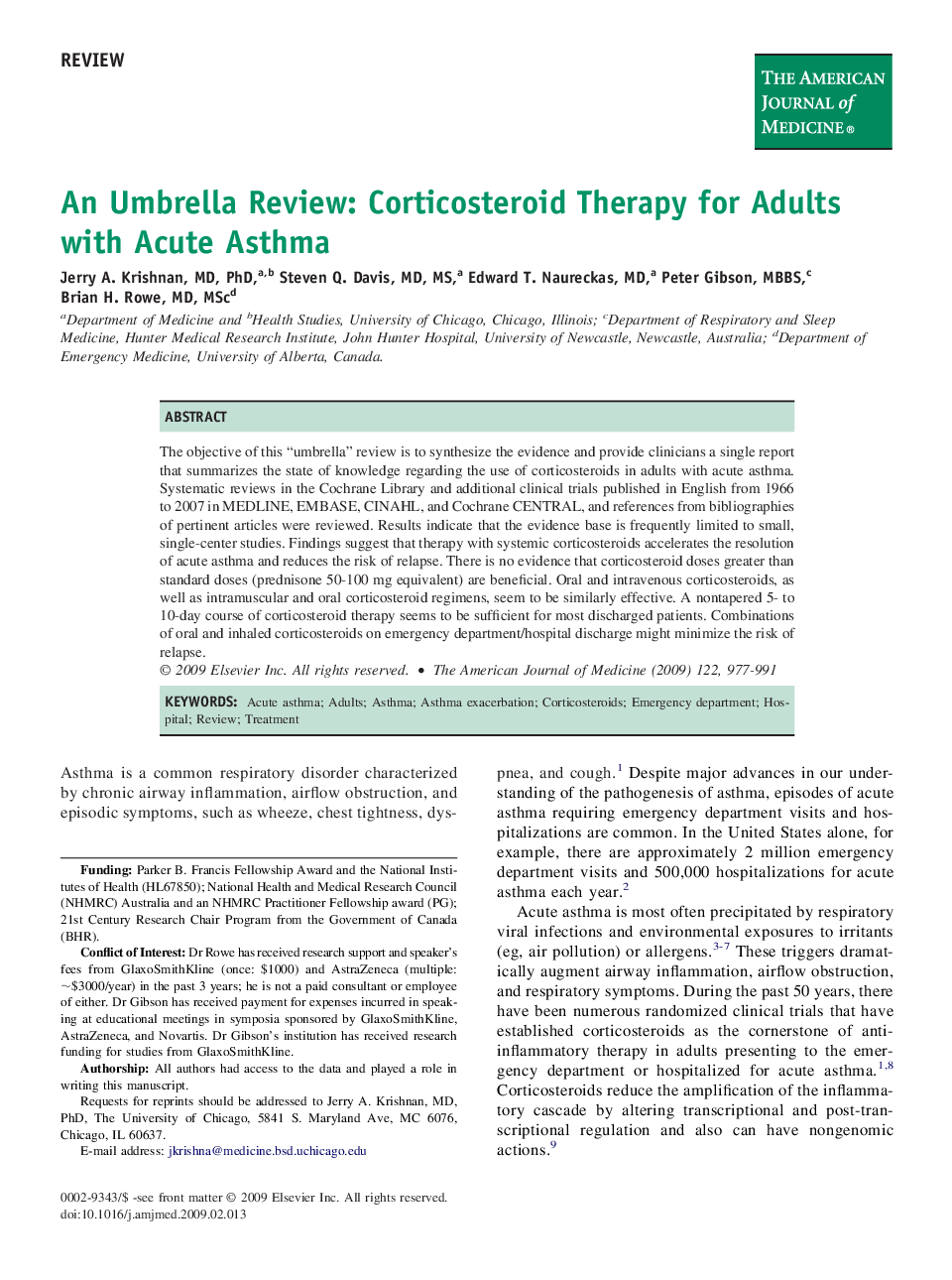 An Umbrella Review: Corticosteroid Therapy for Adults with Acute Asthma 