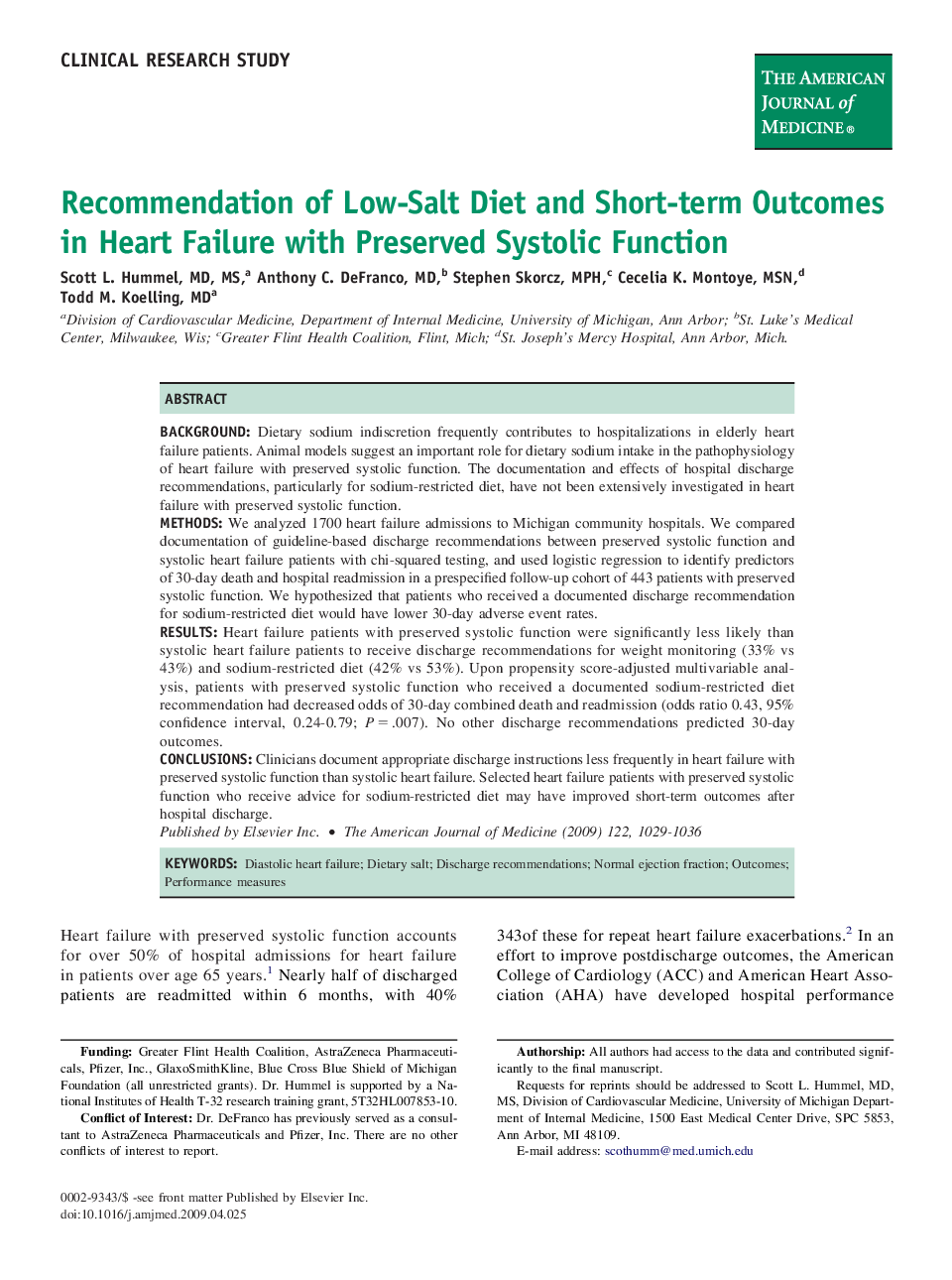 Recommendation of Low-Salt Diet and Short-term Outcomes in Heart Failure with Preserved Systolic Function 