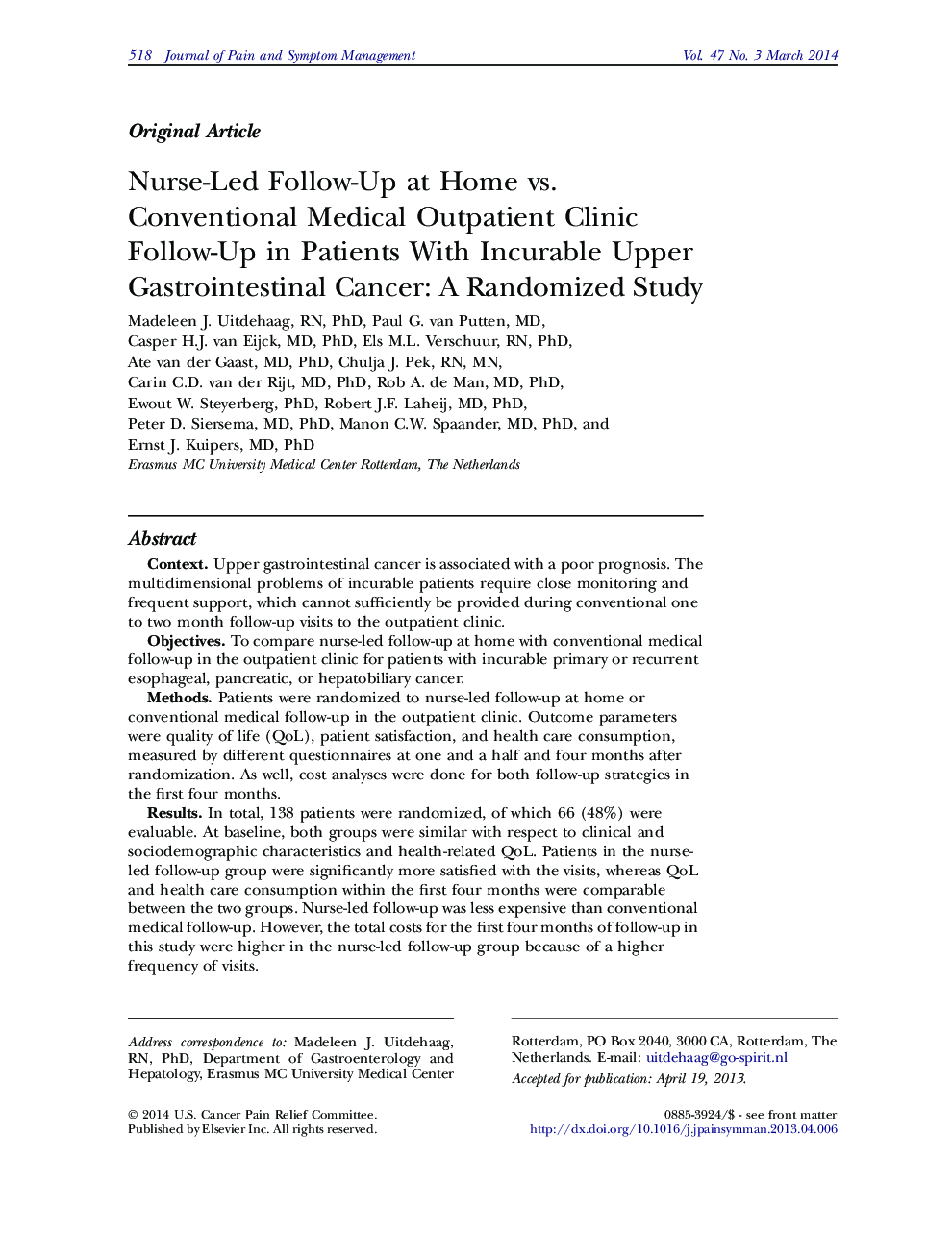 Nurse-Led Follow-Up at Home vs. Conventional Medical Outpatient Clinic Follow-Up in Patients With Incurable Upper Gastrointestinal Cancer: A Randomized Study