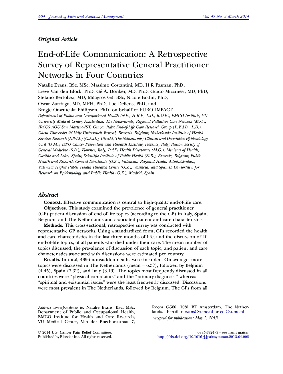 End-of-Life Communication: A Retrospective Survey of Representative General Practitioner Networks in Four Countries