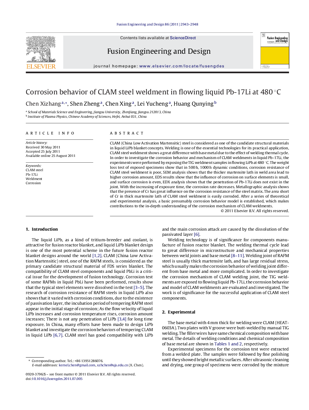 Corrosion behavior of CLAM steel weldment in flowing liquid Pb-17Li at 480 °C