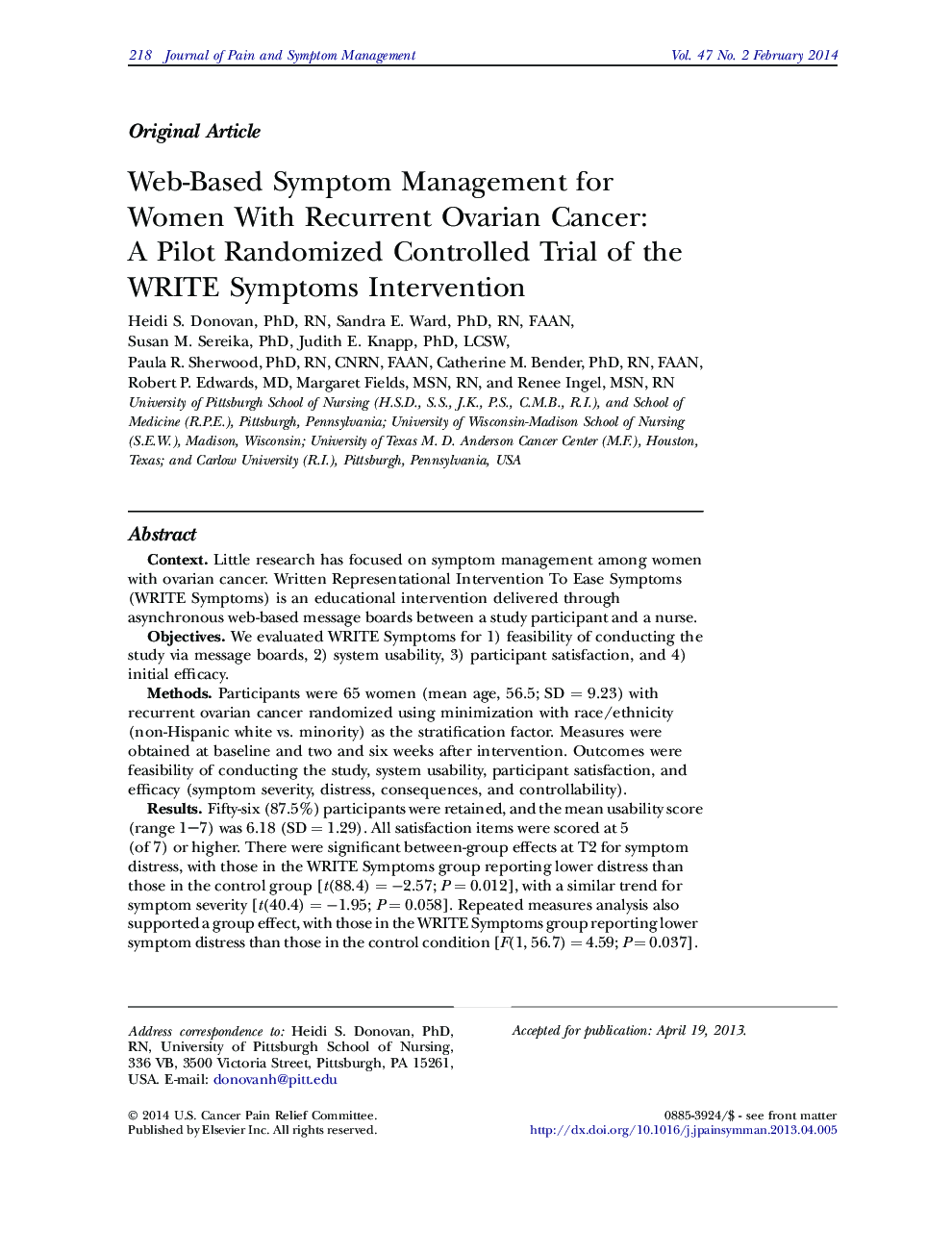 Web-Based Symptom Management for Women With Recurrent Ovarian Cancer: A Pilot Randomized Controlled Trial of the WRITE Symptoms Intervention