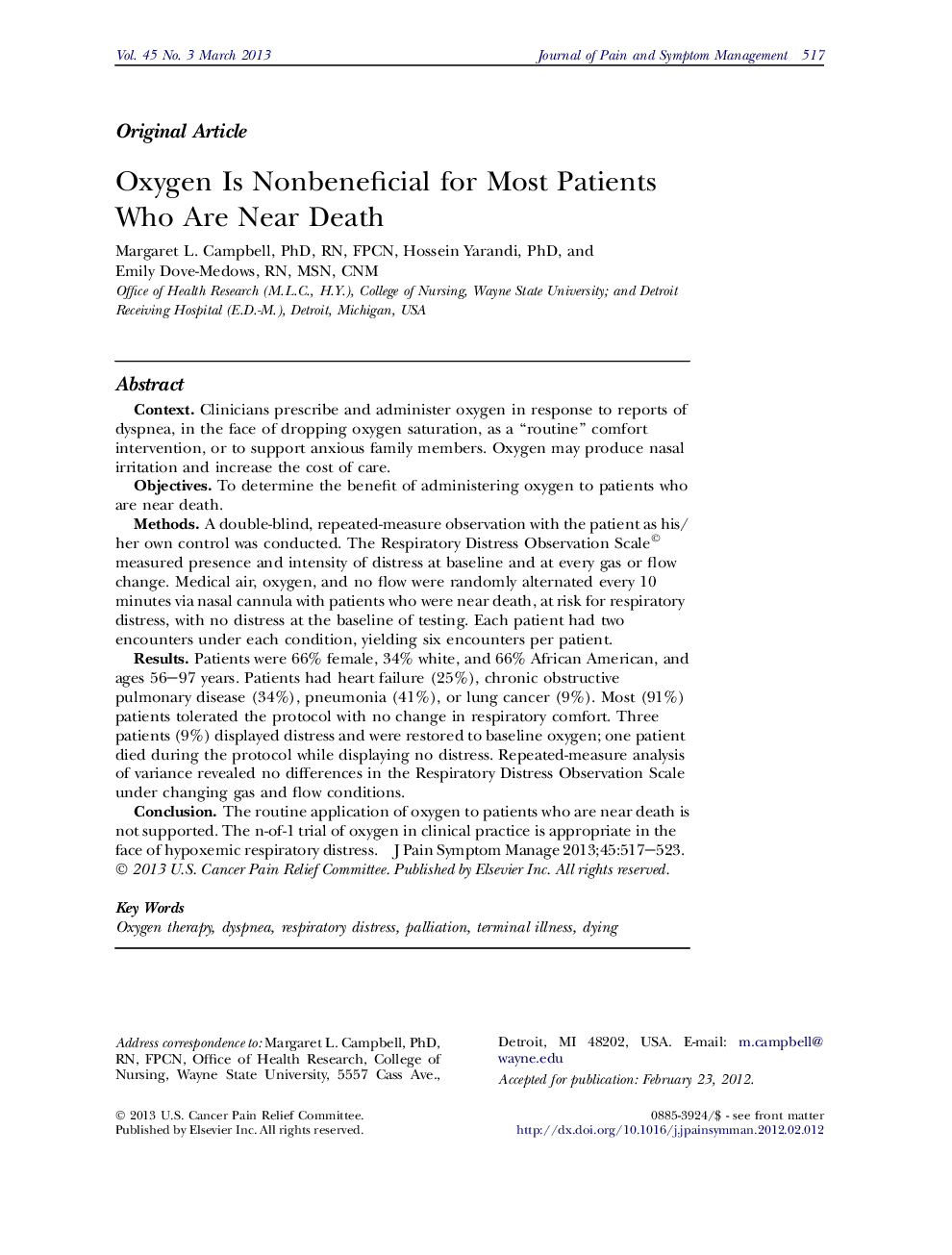 Oxygen Is Nonbeneficial for Most Patients Who Are Near Death