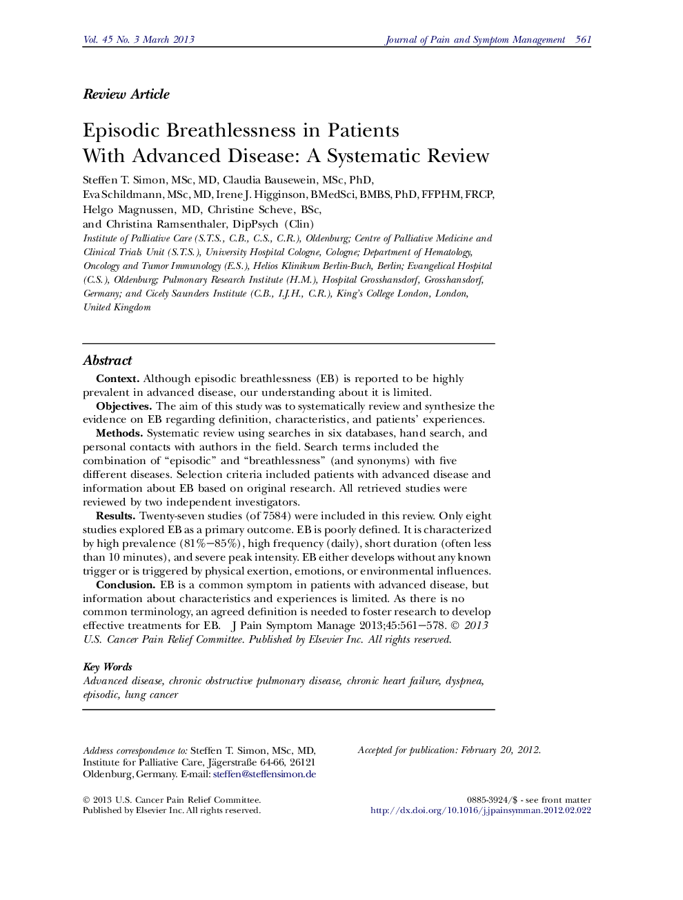 Episodic Breathlessness in Patients With Advanced Disease: A Systematic Review