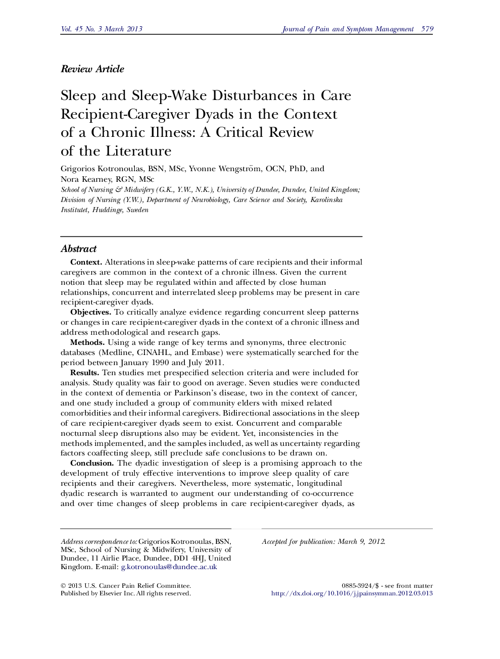 Sleep and Sleep-Wake Disturbances in Care Recipient-Caregiver Dyads in the Context of a Chronic Illness: A Critical Review of the Literature