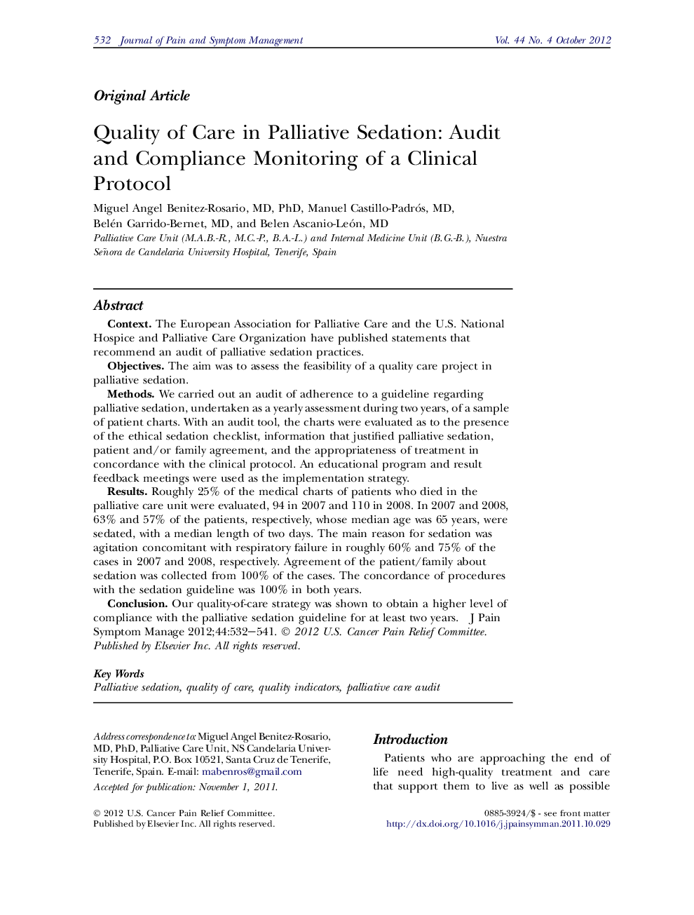 Quality of Care in Palliative Sedation: Audit and Compliance Monitoring of a Clinical Protocol