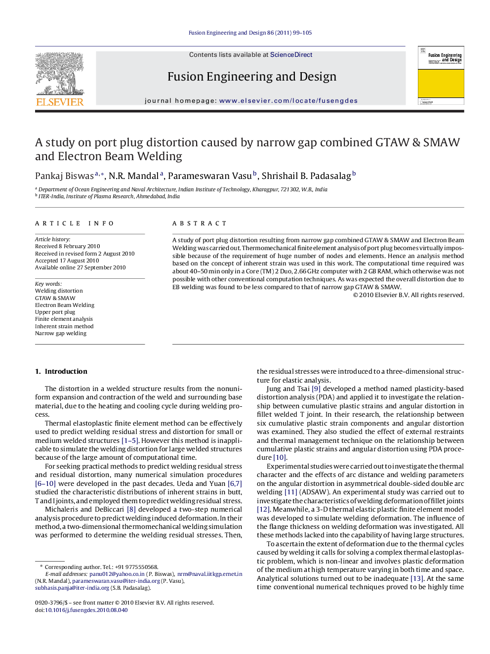 A study on port plug distortion caused by narrow gap combined GTAW & SMAW and Electron Beam Welding