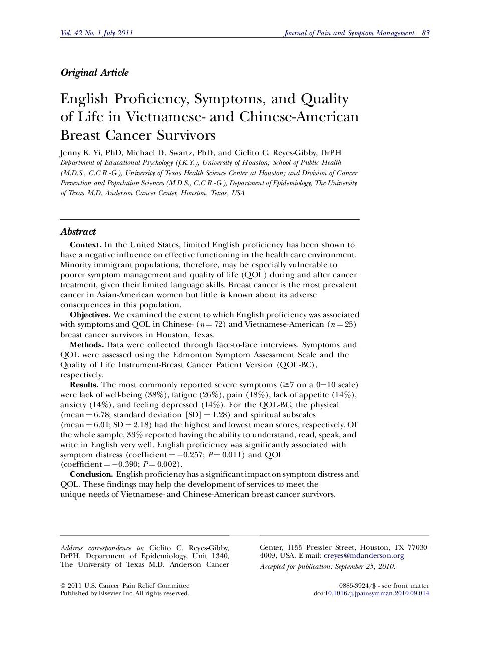 English Proficiency, Symptoms, and Quality of Life in Vietnamese- and Chinese-American Breast Cancer Survivors