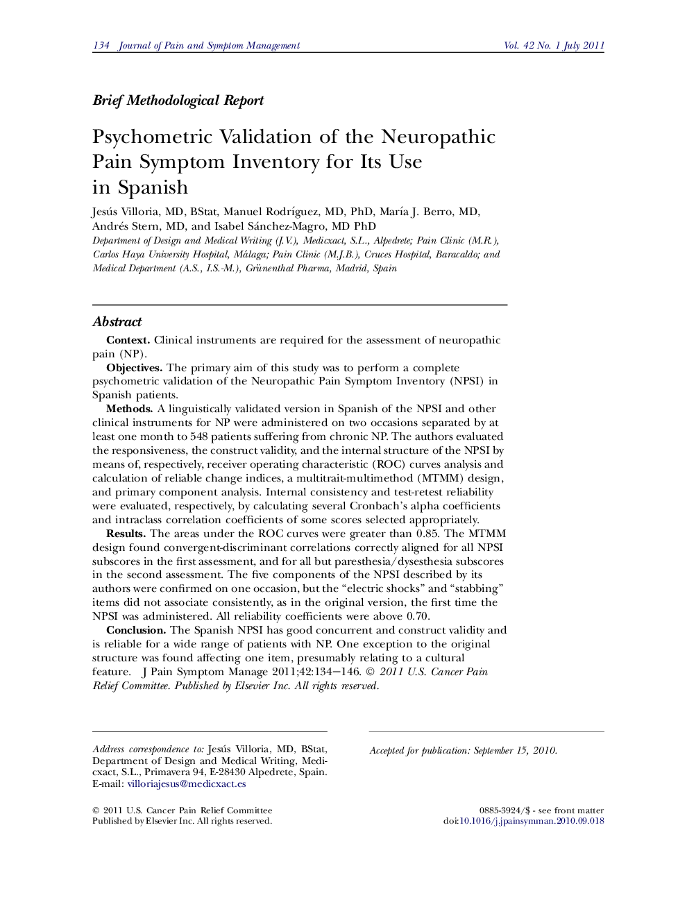 Psychometric Validation of the Neuropathic Pain Symptom Inventory for Its Use in Spanish