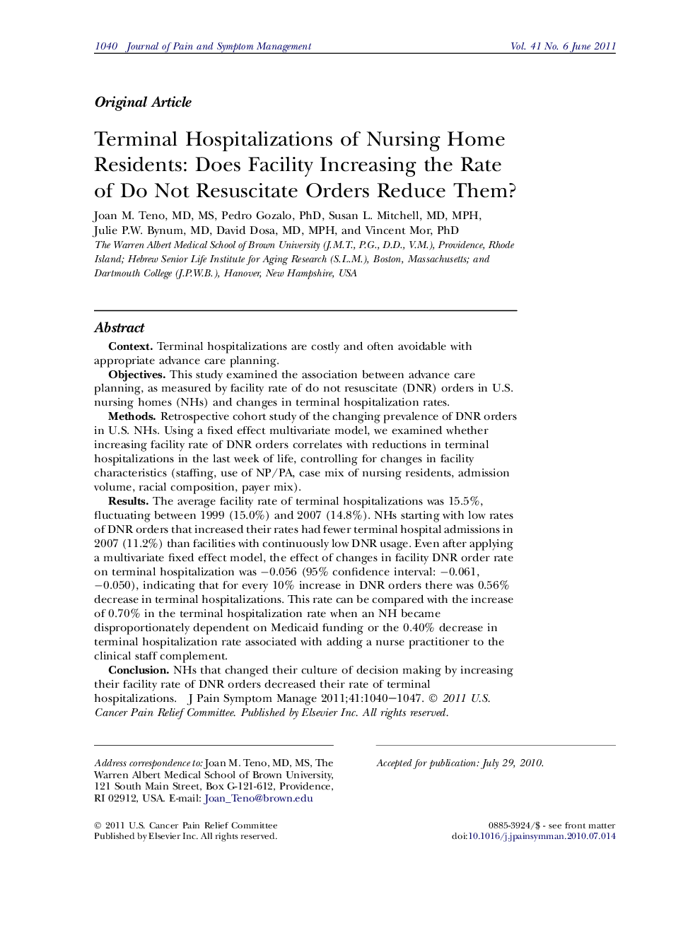 Terminal Hospitalizations of Nursing Home Residents: Does Facility Increasing the Rate of Do Not Resuscitate Orders Reduce Them?