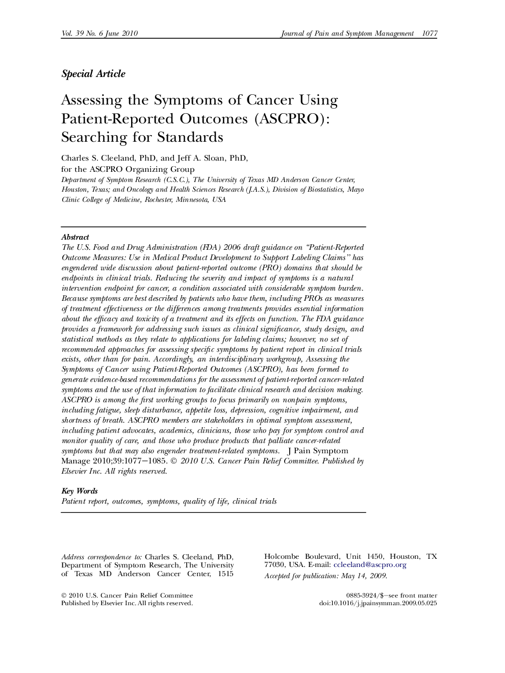 Assessing the Symptoms of Cancer Using Patient-Reported Outcomes (ASCPRO): Searching for Standards