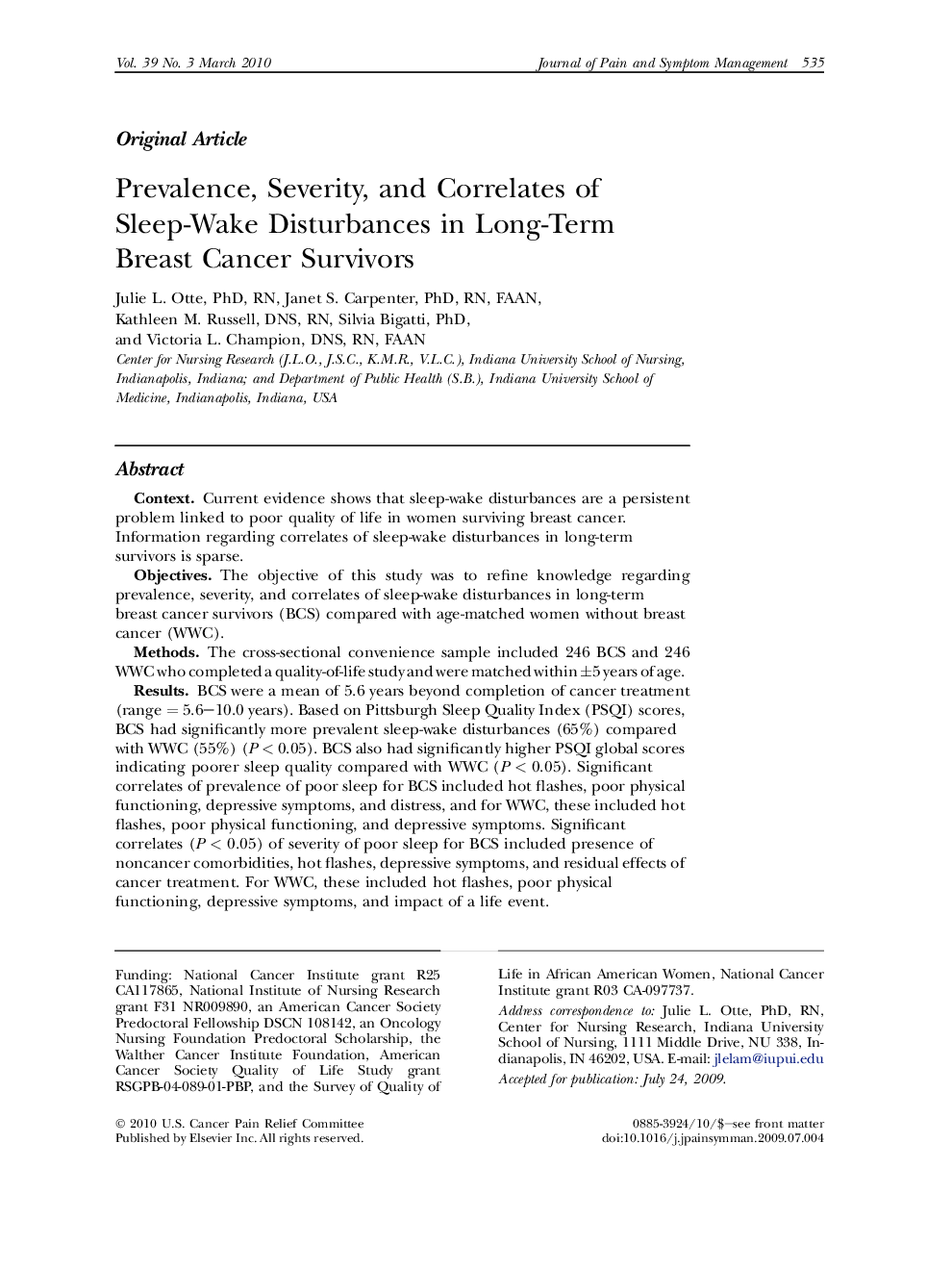 Prevalence, Severity, and Correlates of Sleep-Wake Disturbances in Long-Term Breast Cancer Survivors 