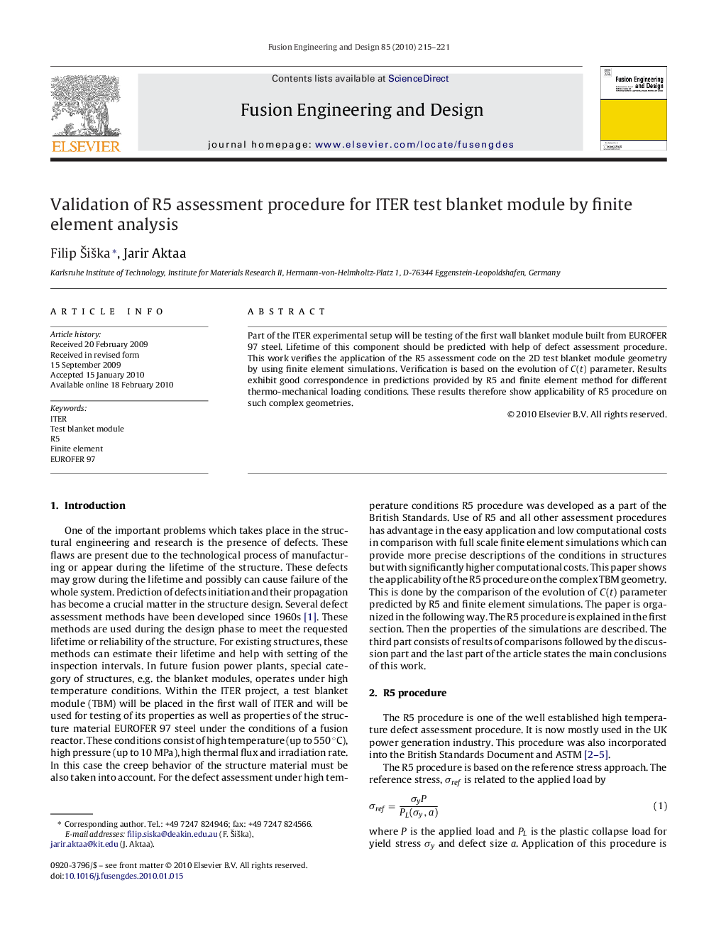 Validation of R5 assessment procedure for ITER test blanket module by finite element analysis