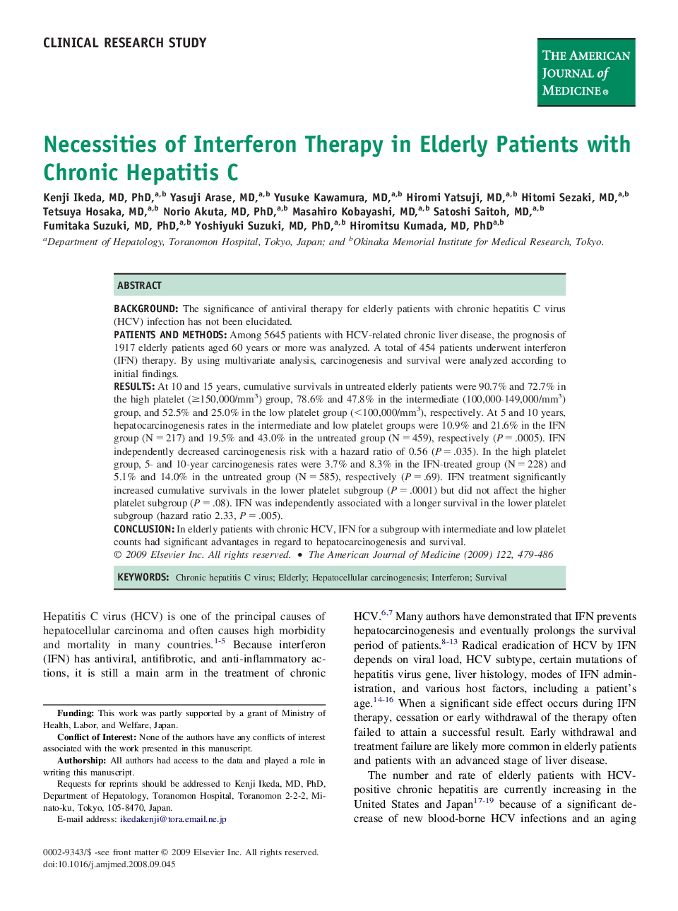 Necessities of Interferon Therapy in Elderly Patients with Chronic Hepatitis C 