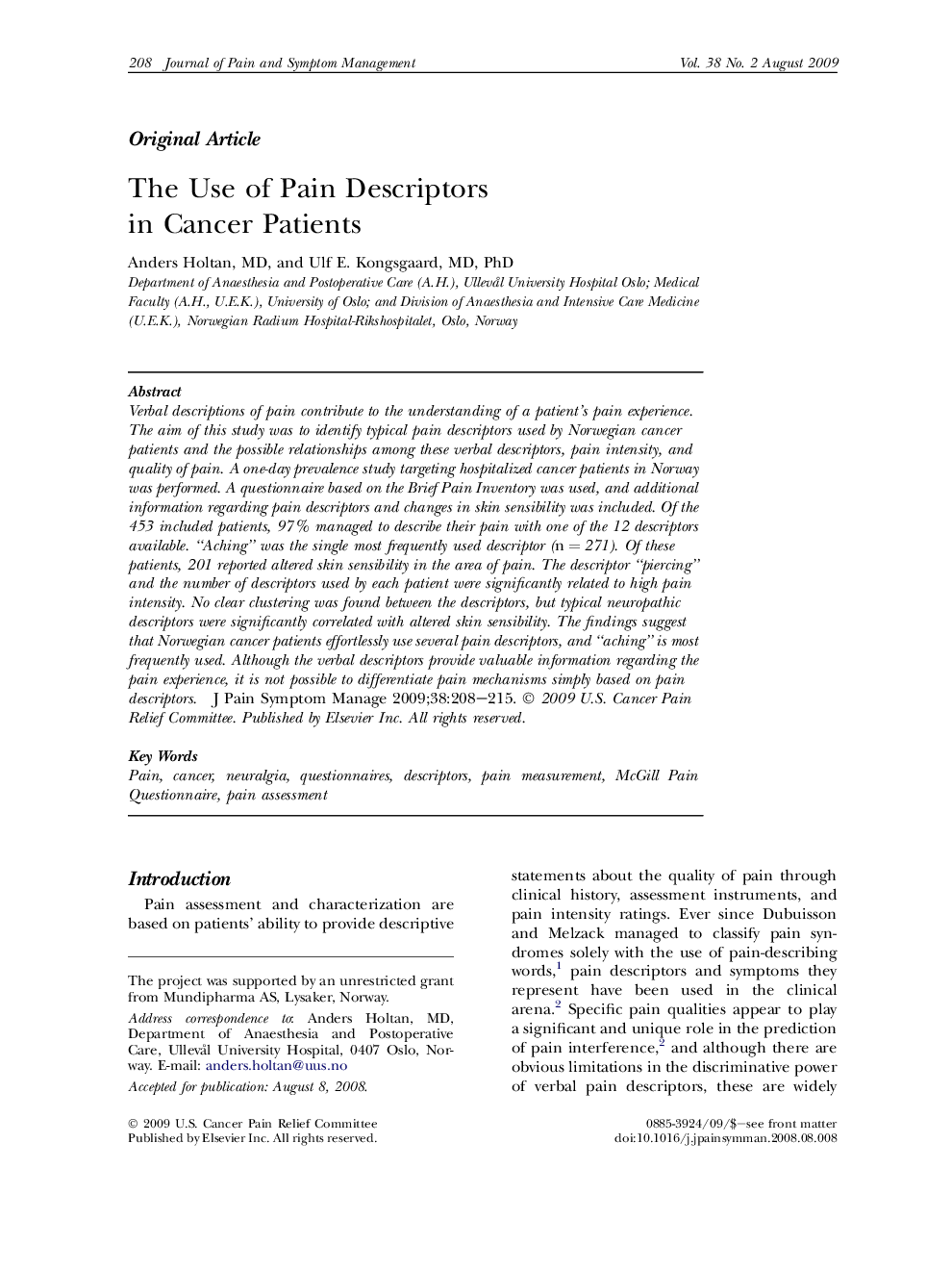 The Use of Pain Descriptors in Cancer Patients 