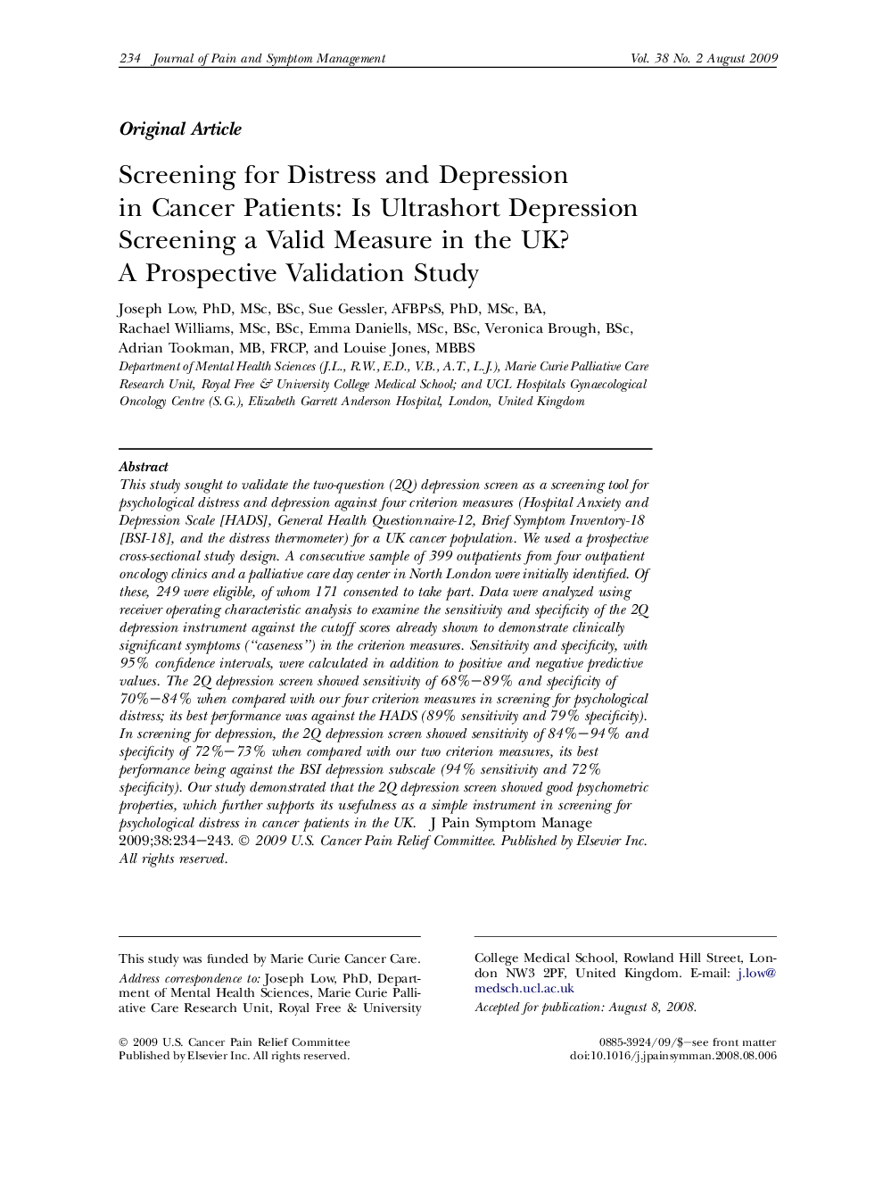 Screening for Distress and Depression in Cancer Patients: Is Ultrashort Depression Screening a Valid Measure in the UK? A Prospective Validation Study 