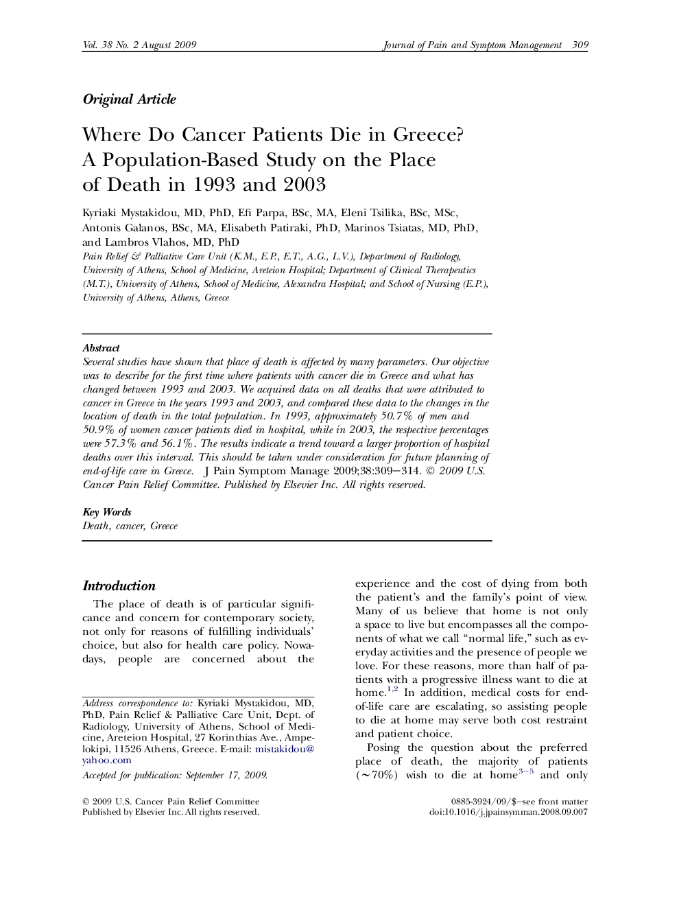 Where Do Cancer Patients Die in Greece? A Population-Based Study on the Place of Death in 1993 and 2003