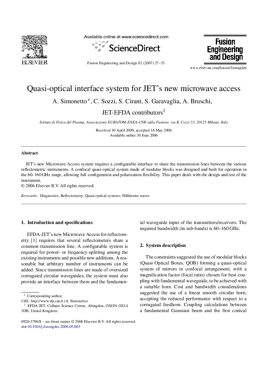 Quasi-optical interface system for JET's new microwave access