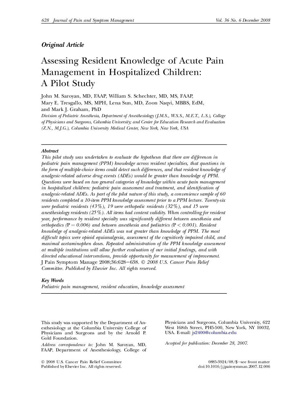 Assessing Resident Knowledge of Acute Pain Management in Hospitalized Children: A Pilot Study 