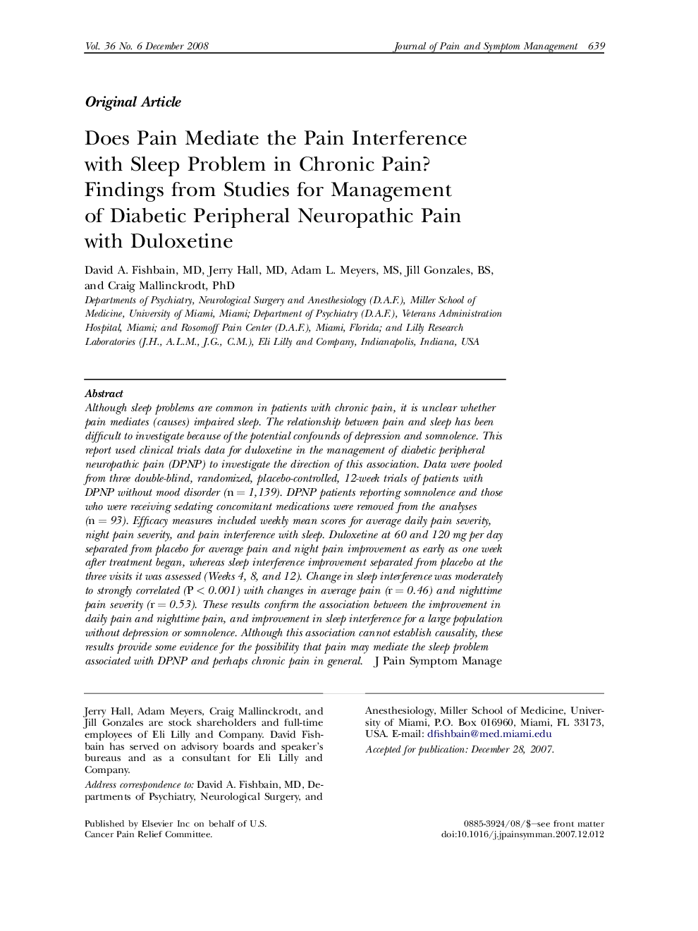 Does Pain Mediate the Pain Interference with Sleep Problem in Chronic Pain? Findings from Studies for Management of Diabetic Peripheral Neuropathic Pain with Duloxetine 