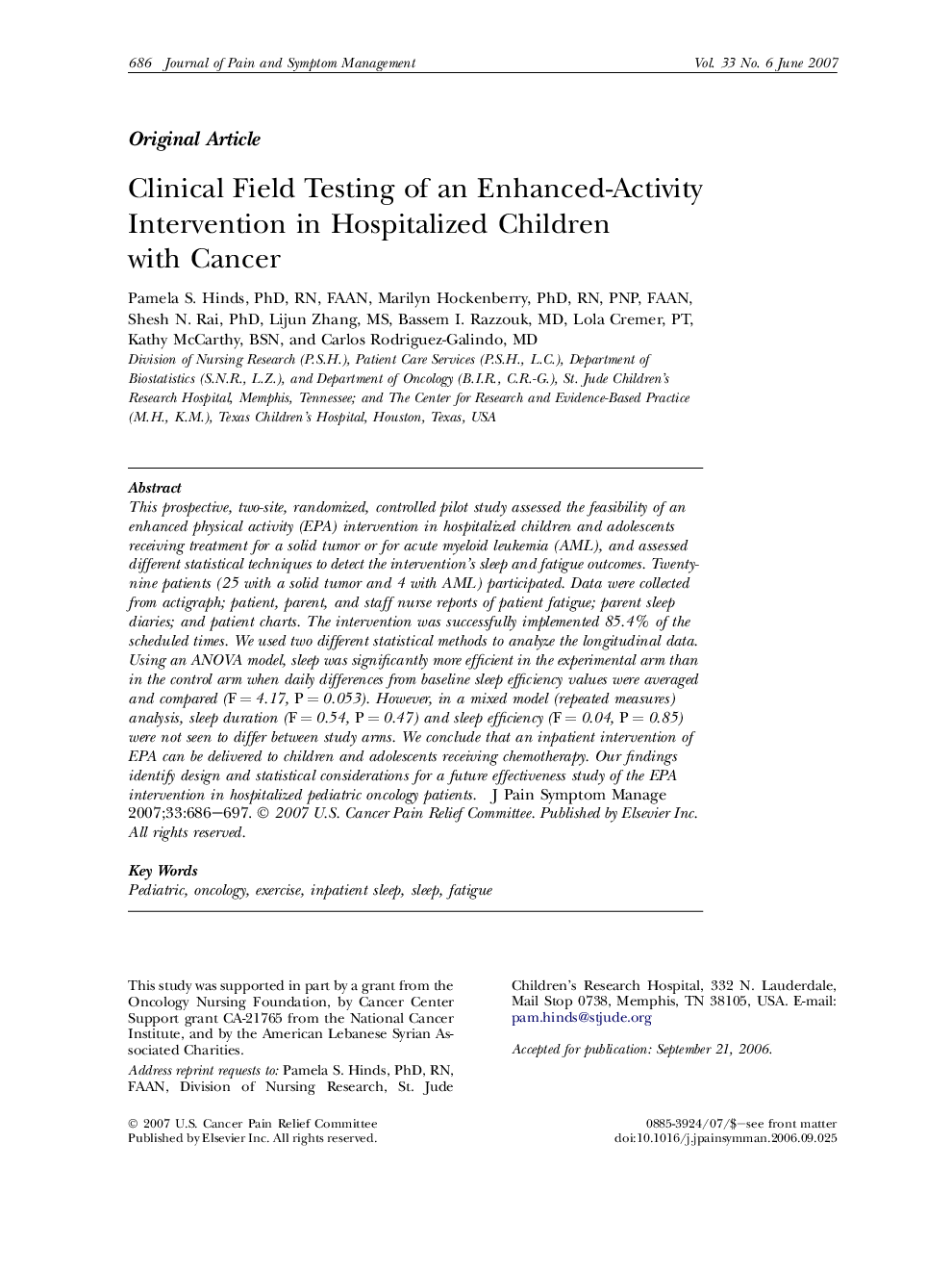 Clinical Field Testing of an Enhanced-Activity Intervention in Hospitalized Children with Cancer 