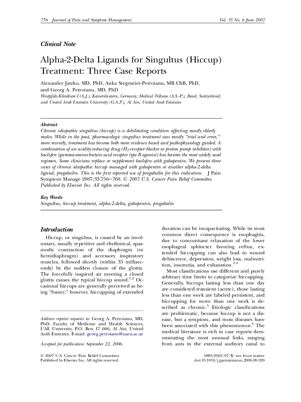 Alpha-2-Delta Ligands for Singultus (Hiccup) Treatment: Three Case Reports