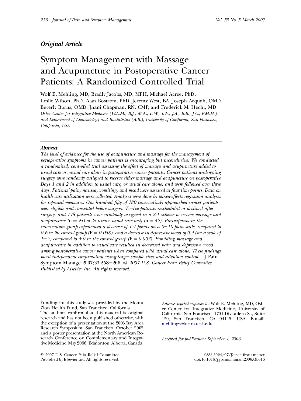 Symptom Management with Massage and Acupuncture in Postoperative Cancer Patients: A Randomized Controlled Trial 