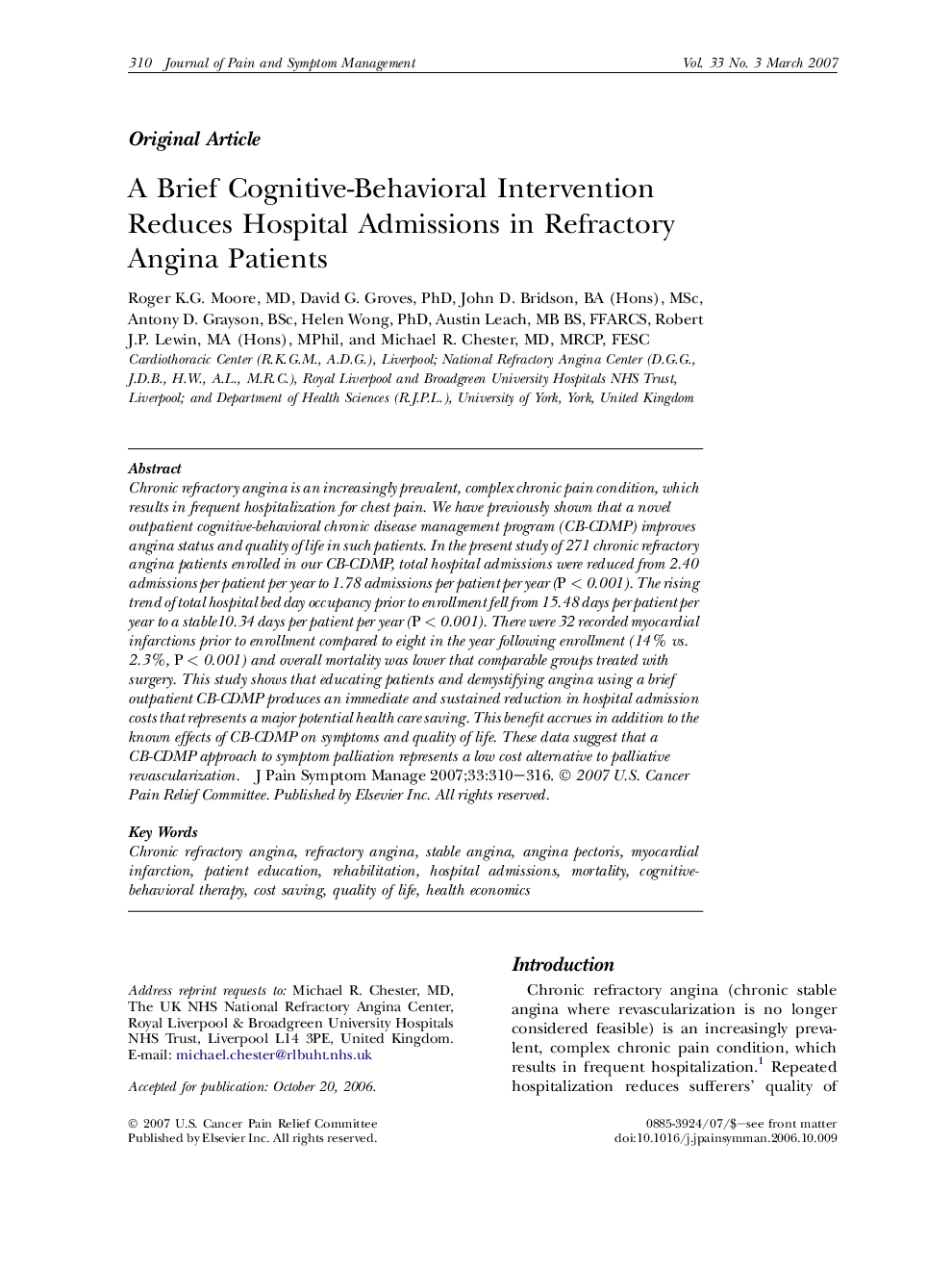 A Brief Cognitive-Behavioral Intervention Reduces Hospital Admissions in Refractory Angina Patients