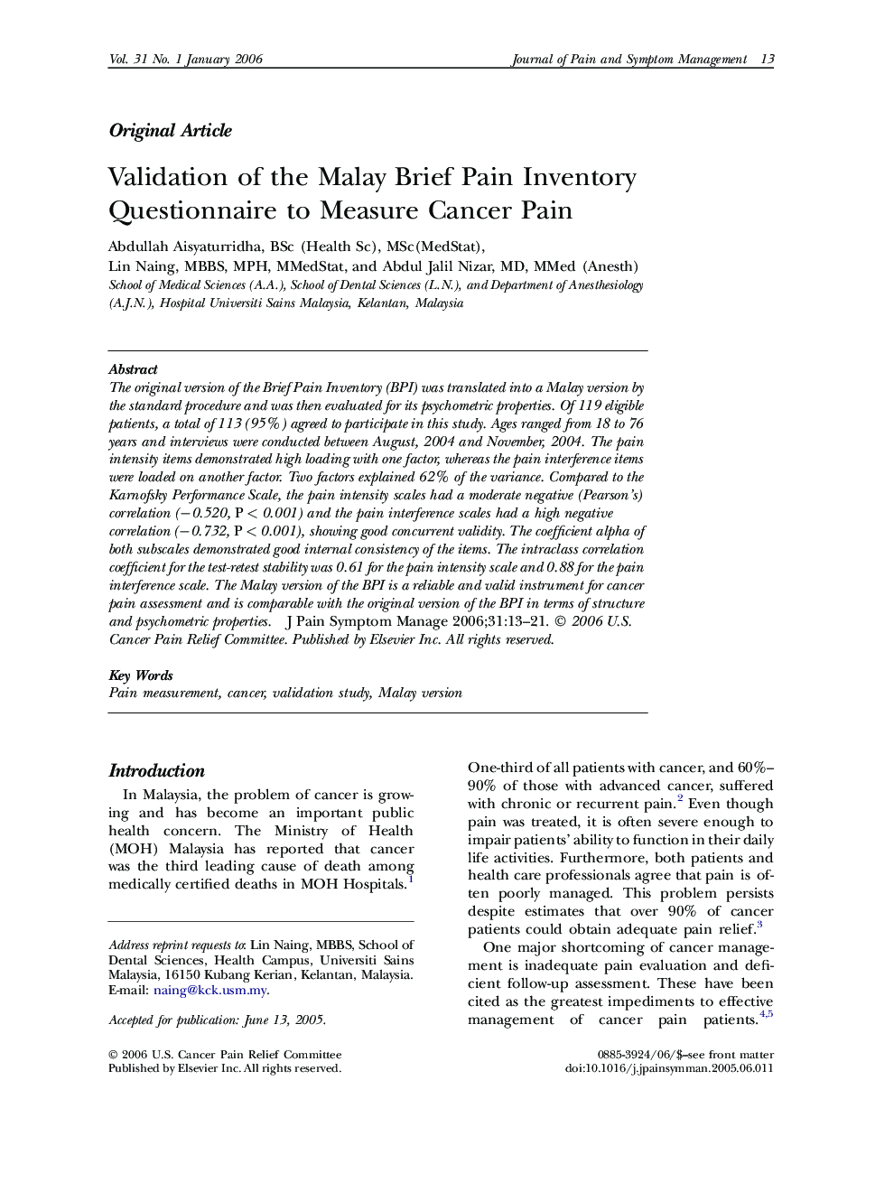 Validation of the Malay Brief Pain Inventory Questionnaire to Measure Cancer Pain