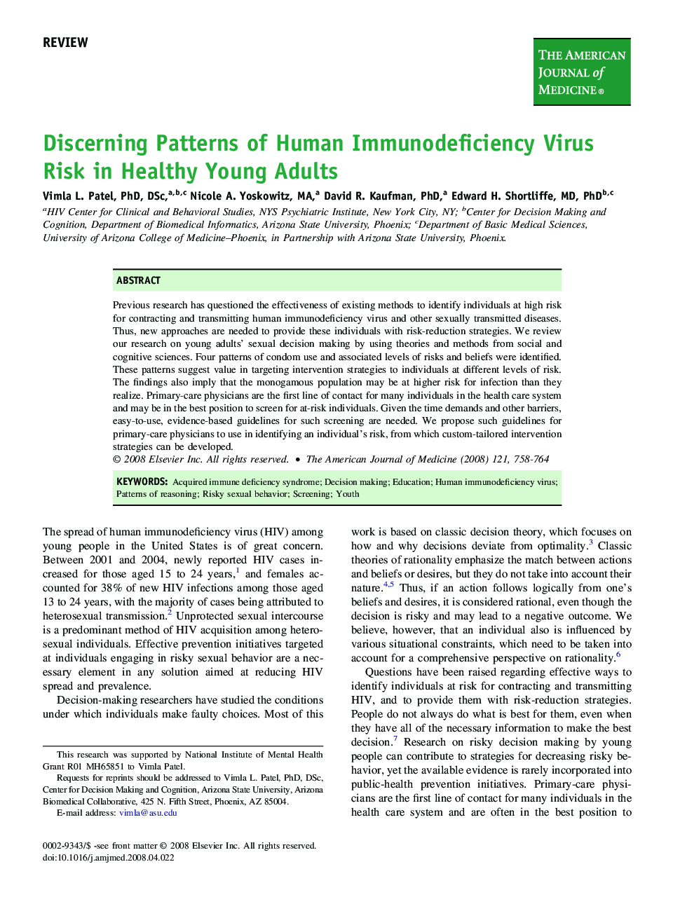 Discerning Patterns of Human Immunodeficiency Virus Risk in Healthy Young Adults