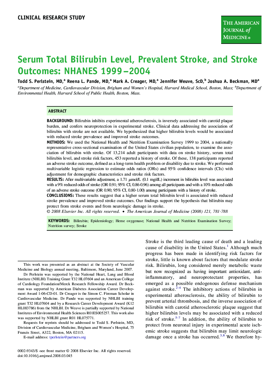 Serum Total Bilirubin Level, Prevalent Stroke, and Stroke Outcomes: NHANES 1999-2004