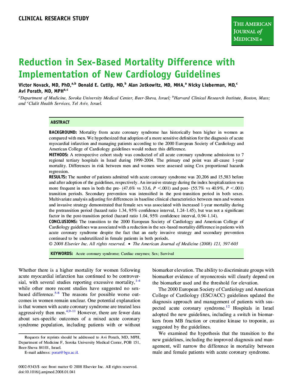 Reduction in Sex-Based Mortality Difference with Implementation of New Cardiology Guidelines