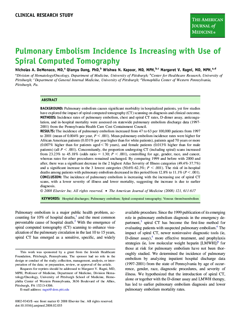 Pulmonary Embolism Incidence Is Increasing with Use of Spiral Computed Tomography 