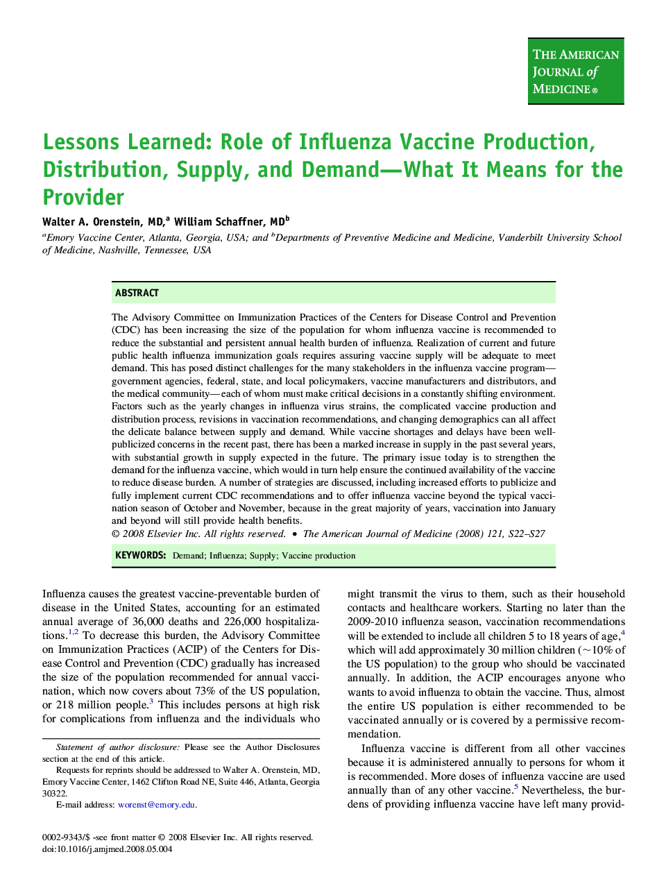 Lessons Learned: Role of Influenza Vaccine Production, Distribution, Supply, and Demand—What It Means for the Provider 