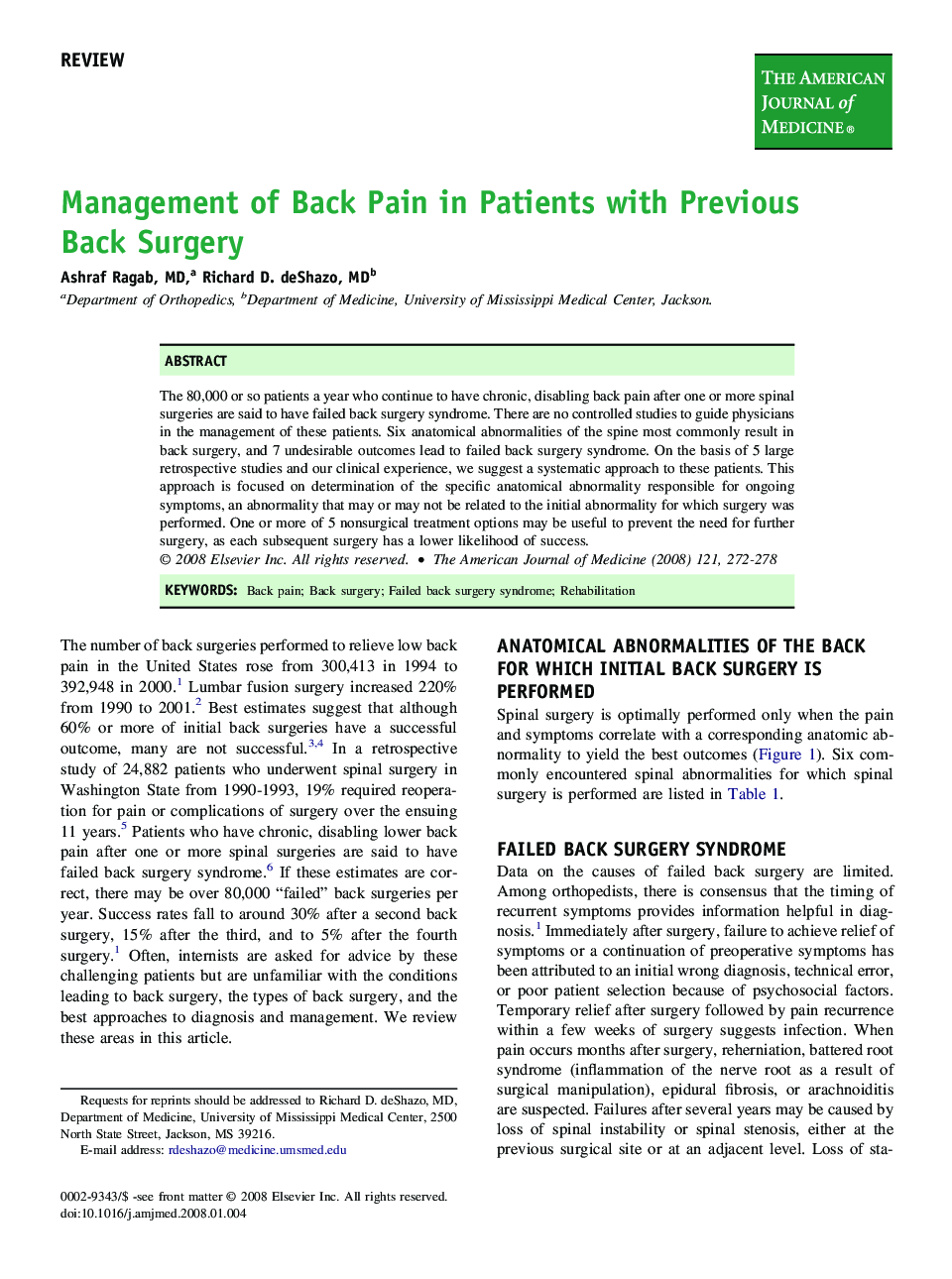 Management of Back Pain in Patients with Previous Back Surgery