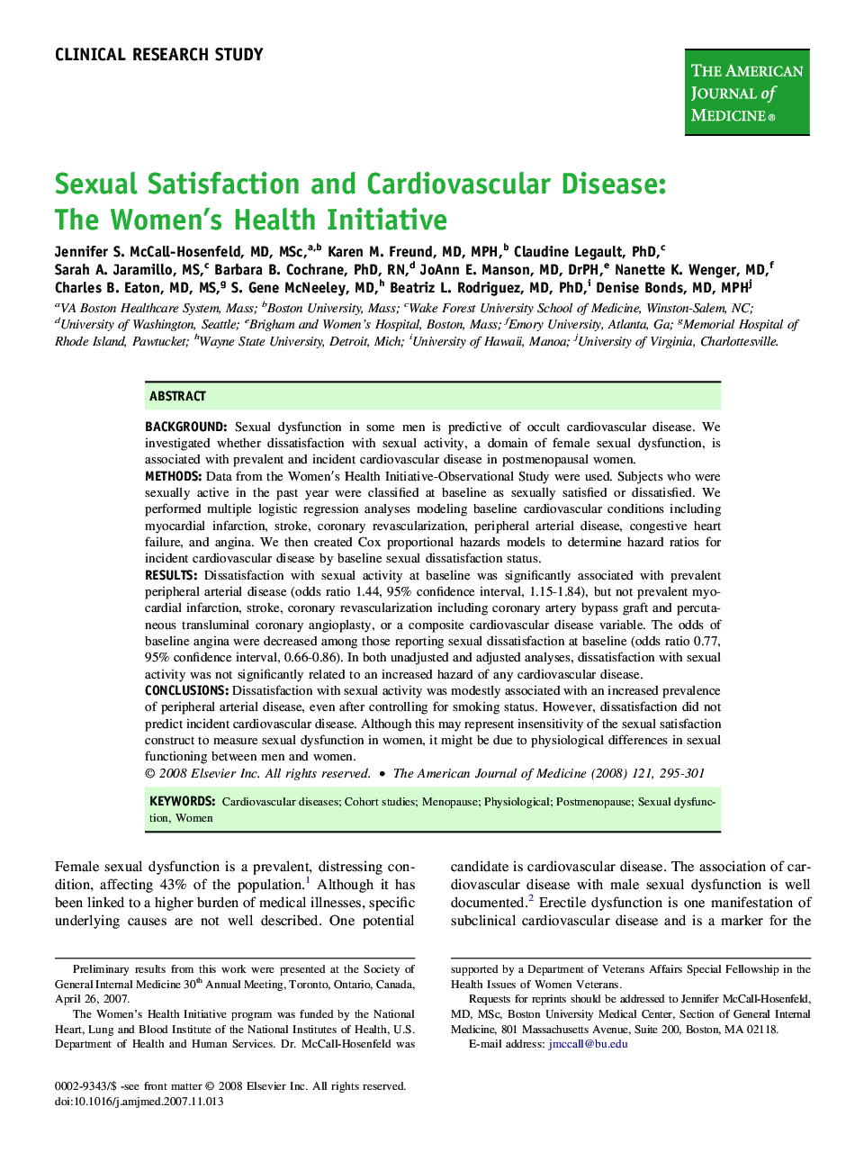 Sexual Satisfaction and Cardiovascular Disease: The Women’s Health Initiative 
