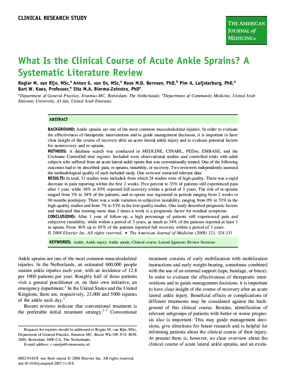 What Is the Clinical Course of Acute Ankle Sprains? A Systematic Literature Review