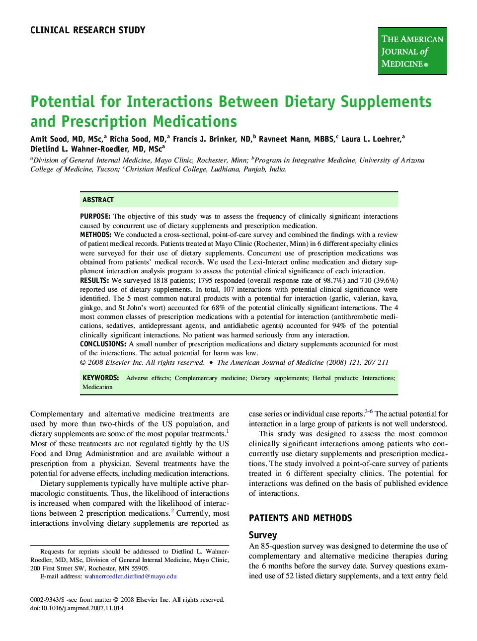 Potential for Interactions Between Dietary Supplements and Prescription Medications