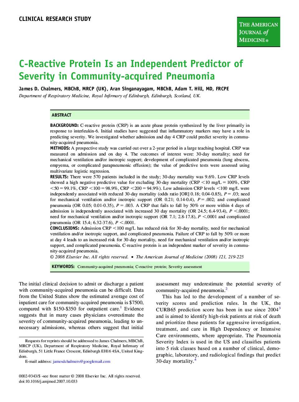 C-Reactive Protein Is an Independent Predictor of Severity in Community-acquired Pneumonia