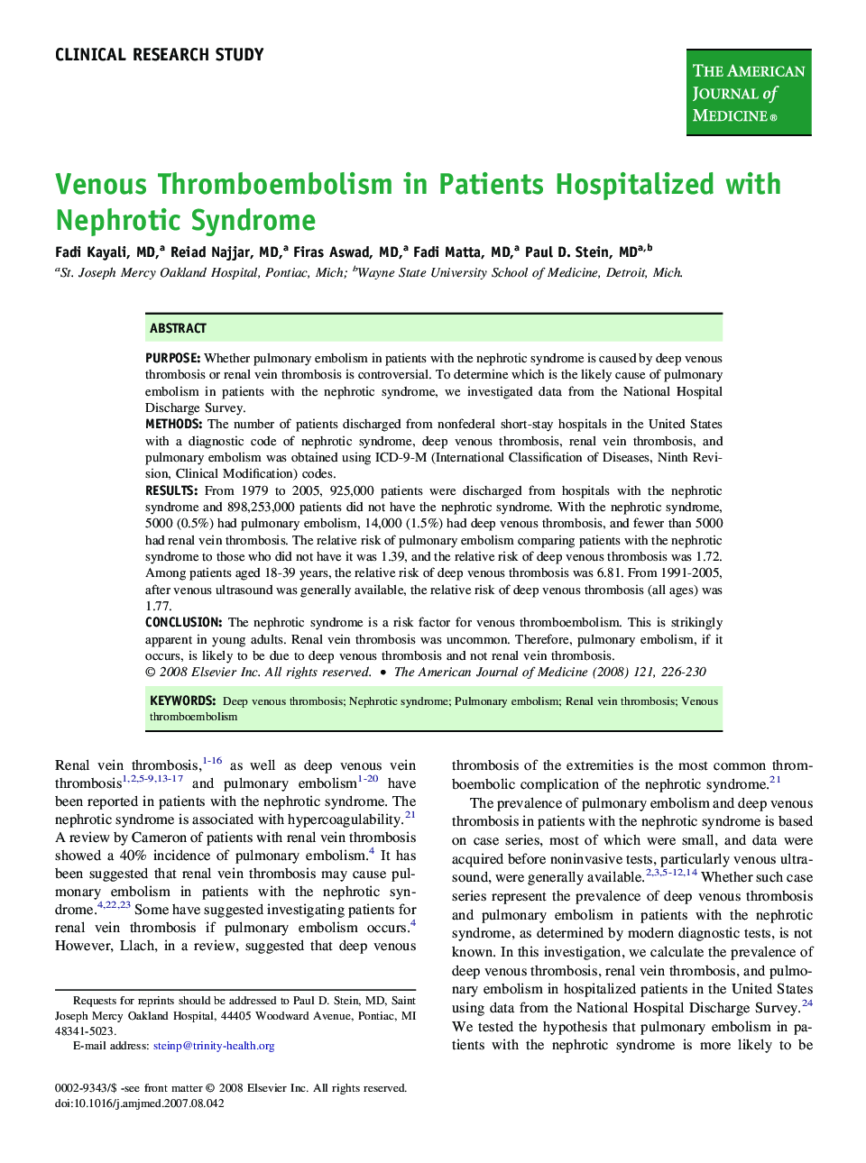 Venous Thromboembolism in Patients Hospitalized with Nephrotic Syndrome