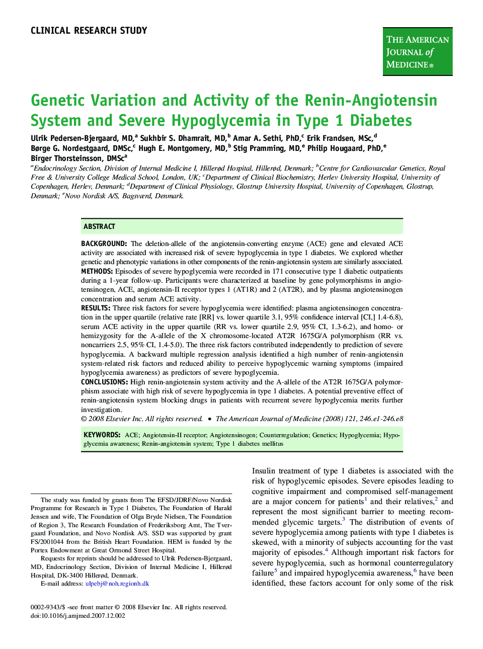 Genetic Variation and Activity of the Renin-Angiotensin System and Severe Hypoglycemia in Type 1 Diabetes