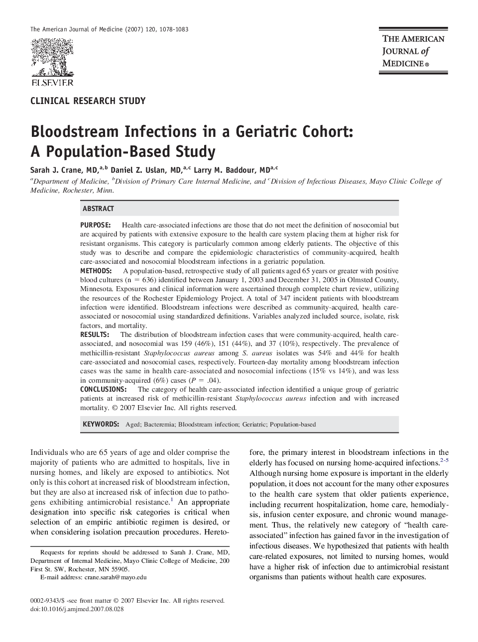 Bloodstream Infections in a Geriatric Cohort: A Population-Based Study