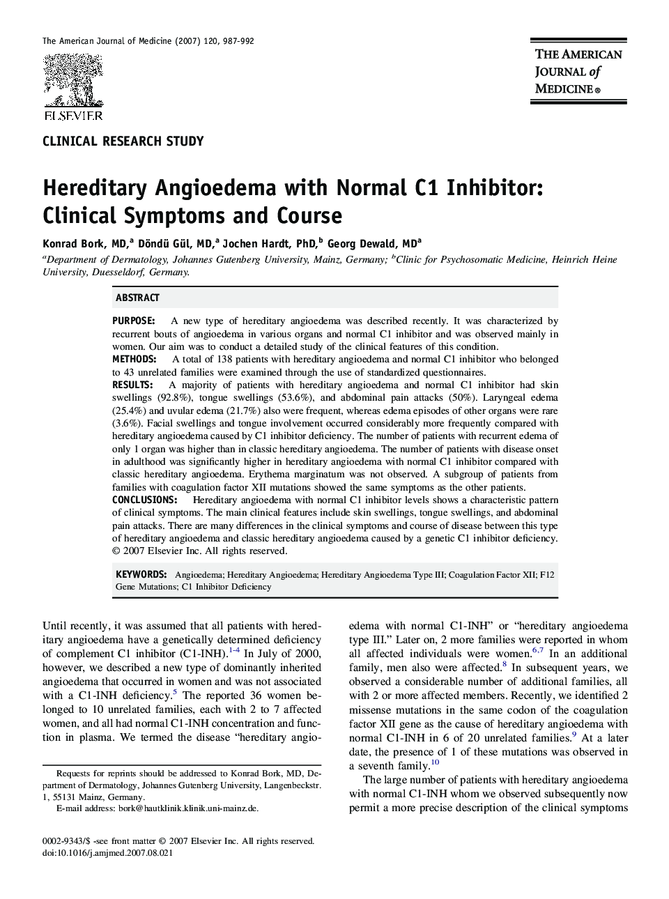 Hereditary Angioedema with Normal C1 Inhibitor: Clinical Symptoms and Course