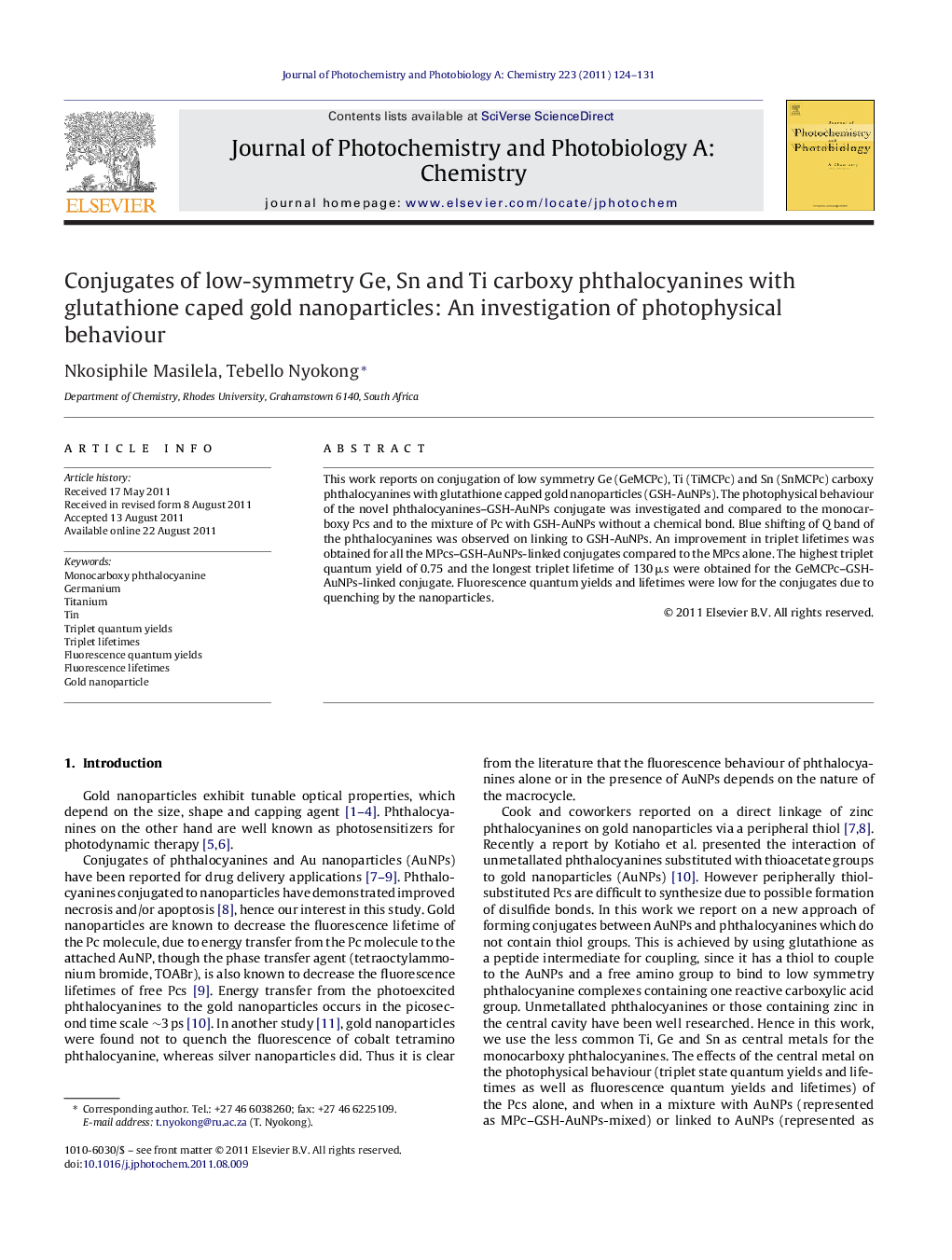 Conjugates of low-symmetry Ge, Sn and Ti carboxy phthalocyanines with glutathione caped gold nanoparticles: An investigation of photophysical behaviour