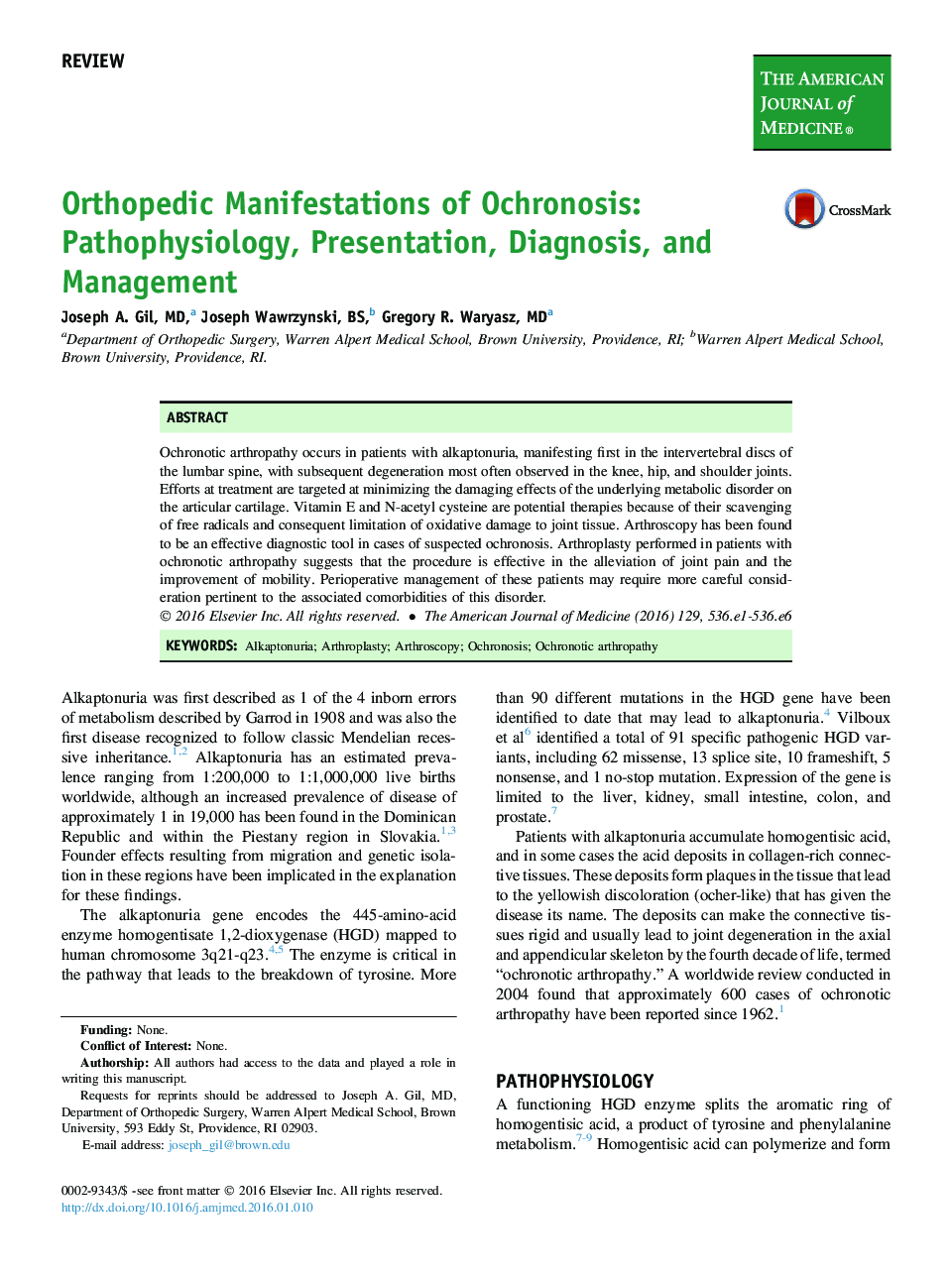 Orthopedic Manifestations of Ochronosis: Pathophysiology, Presentation, Diagnosis, and Management
